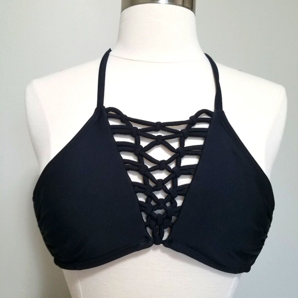 Black Bikini Swim Top criss cross laced front design sz Small
